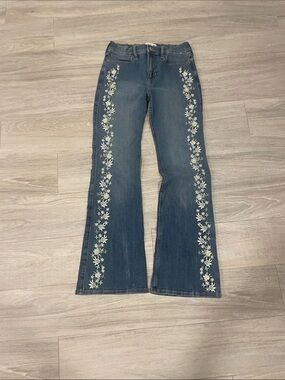 abercrombie kids Blue Denim Flare Jeans with White Floral Embroidery